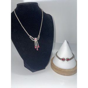 Pink‎ & Clear rhinestone necklace & bracelet set vintage Prong Set Dangle